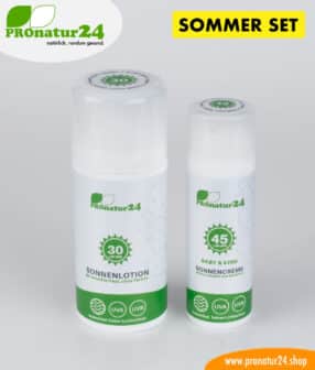 Sonnencreme SOMMER SET: mineralischer Schutz LSF 30 + 45, UVA, UVB, wasserfest. OHNE CHEMIE, OHNE ALLERGENE, uvm.. Ideal fürs NACKT BADEN und FKK!